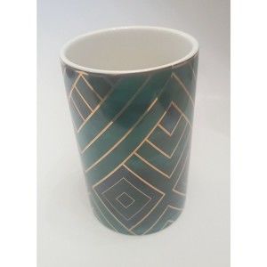NWOT Vase Decorative Ceramic Cylinder Marbled Greens w/Gold Diamond Accent